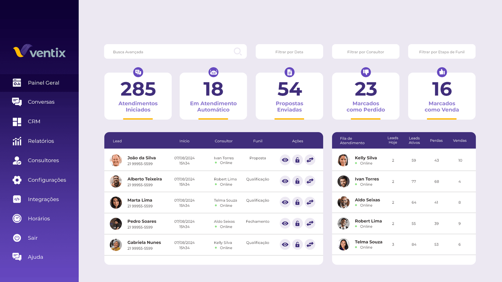 Telas do CRM Ventix com visão de leads e acompanhamento