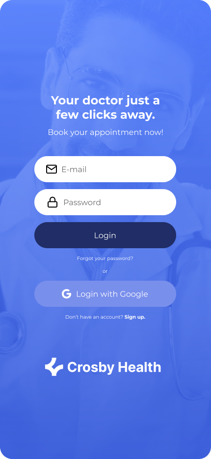 Crossby Health — Acesso por e-mail e senha, opção Google e recuperação de senha.