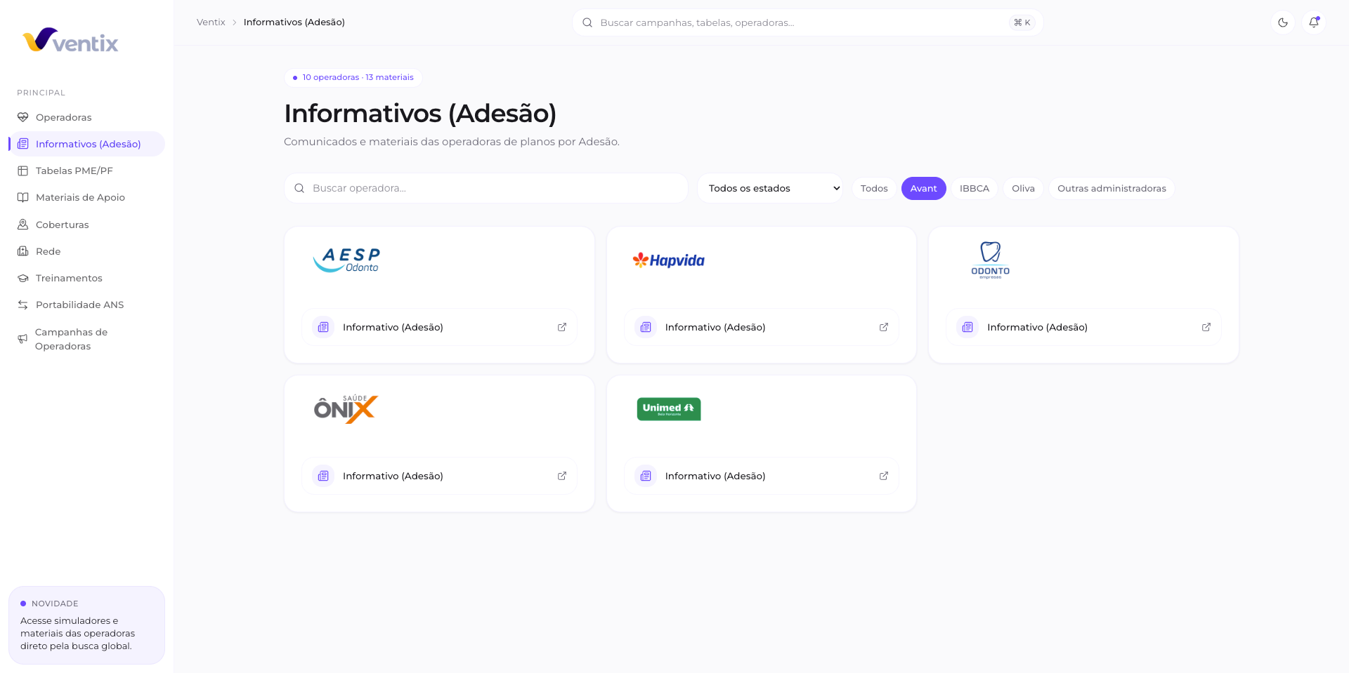 Ventix Hub: Informativos por modalidade de adesão